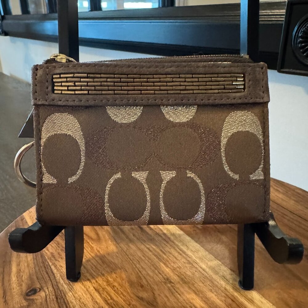 Coach Signature C Beaded Mini Skinny ID Case Wallet Brown Gold Key Ring